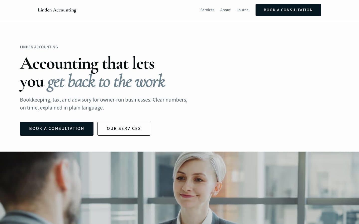 Linden, an accounting firm site: clean light layout with a serif headline and consultation buttons