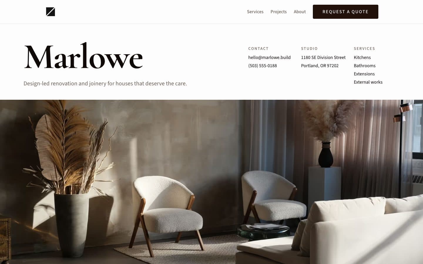 Marlowe, a renovation and joinery site: light editorial layout with a serif wordmark over an interior photo